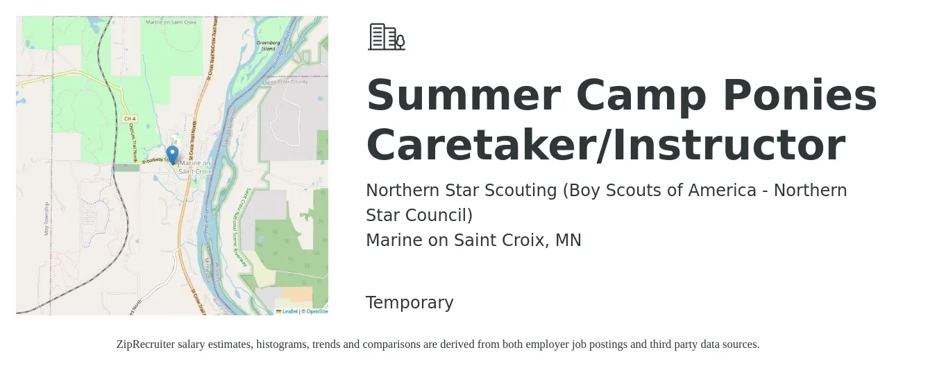 Northern Star Scouting (Boy Scouts of America - Northern Star Council) job posting for a Summer Camp Ponies Caretaker/Instructor in Marine on Saint Croix, MN with a salary of $27,000 Monthly with a map of Marine on Saint Croix location.