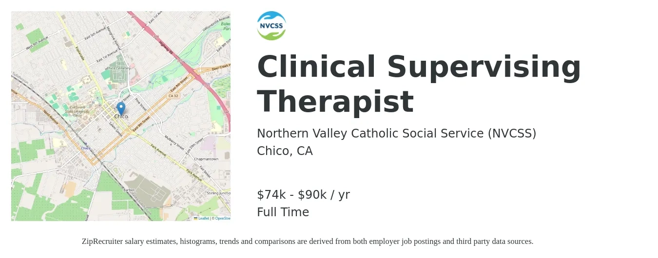 Northern Valley Catholic Social Service (NVCSS) job posting for a Clinical Supervising Therapist in Chico, CA with a salary of $74,526 to $90,716 Yearly with a map of Chico location.