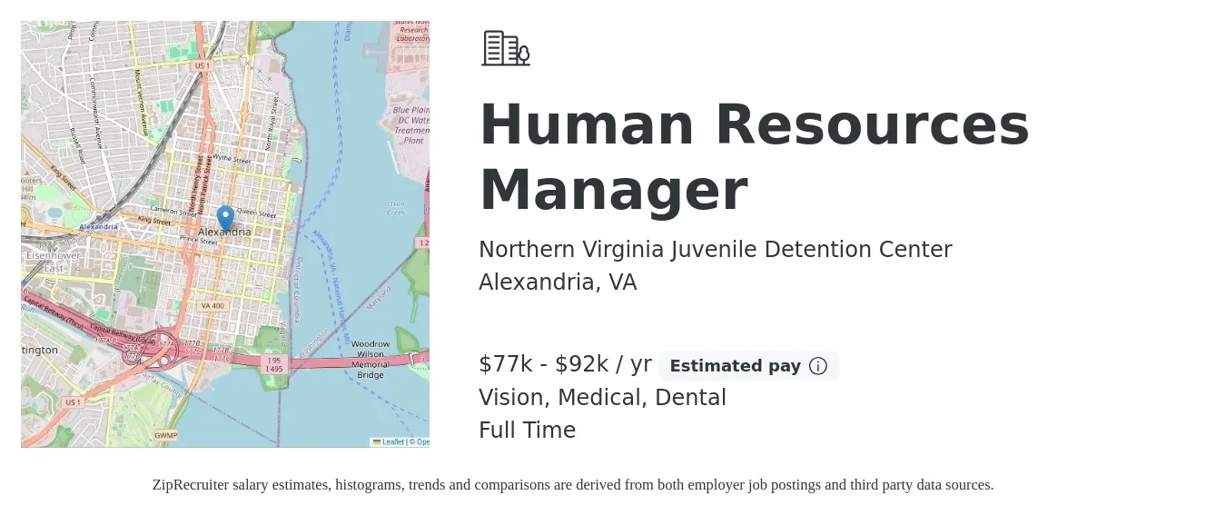 Northern Virginia Juvenile Detention Center job posting for a Human Resources Manager in Alexandria, VA with a salary of $77,662 to $92,732 Yearly and benefits including dental, life_insurance, medical, pto, retirement, and vision with a map of Alexandria location.