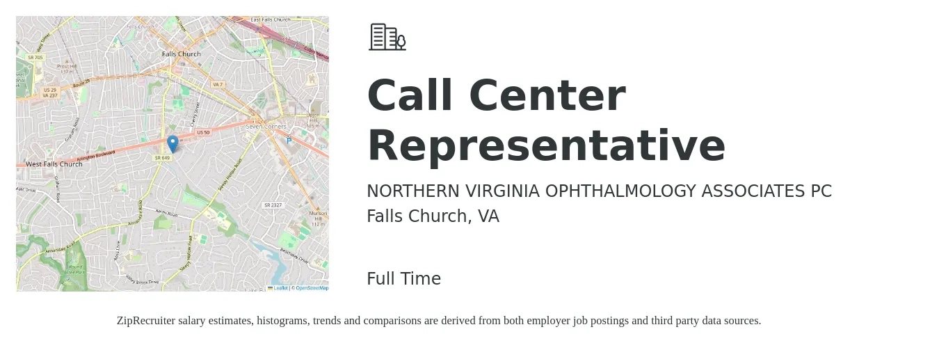 NORTHERN VIRGINIA OPHTHALMOLOGY ASSOCIATES PC job posting for a Call Center Representative in Falls Church, VA with a salary of $17 to $21 Hourly with a map of Falls Church location.