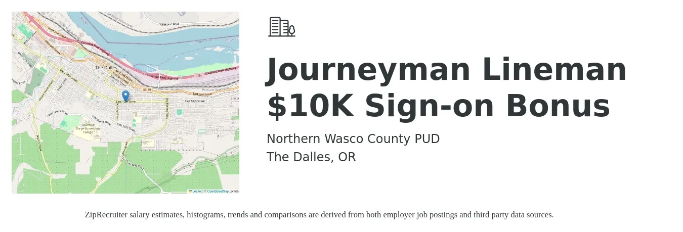 Northern Wasco County PUD job posting for a Journeyman Lineman $10K Sign-on Bonus in The Dalles, OR with a salary of $63 Hourly with a map of The Dalles location.