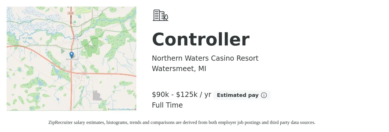 Northern Waters Casino Resort job posting for a Controller in Watersmeet, MI with a salary of $90,000 to $125,000 Yearly with a map of Watersmeet location.