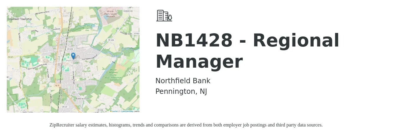 Northfield Bank job posting for a NB1428 - Regional Manager in Pennington, NJ with a salary of $71,700 to $103,000 Yearly with a map of Pennington location.