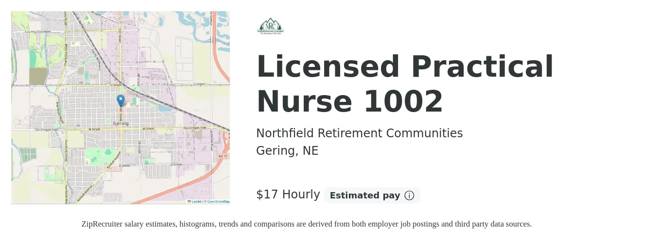 Northfield Retirement Communities job posting for a Licensed Practical Nurse 1002 in Gering, NE with a salary of $18 Hourly with a map of Gering location.