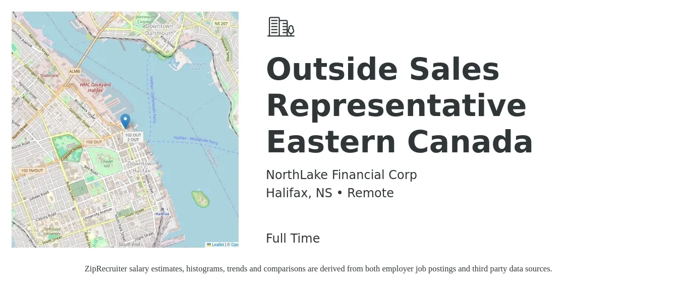 NorthLake Financial Corp job posting for a Outside Sales Representative Eastern Canada in Halifax, NS with a salary of $60,000 Yearly with a map of Halifax location.