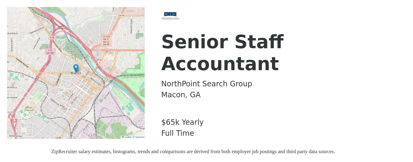 NorthPoint Search Group job posting for a Senior Staff Accountant in Macon, GA with a salary of $65,000 Yearly with a map of Macon location.