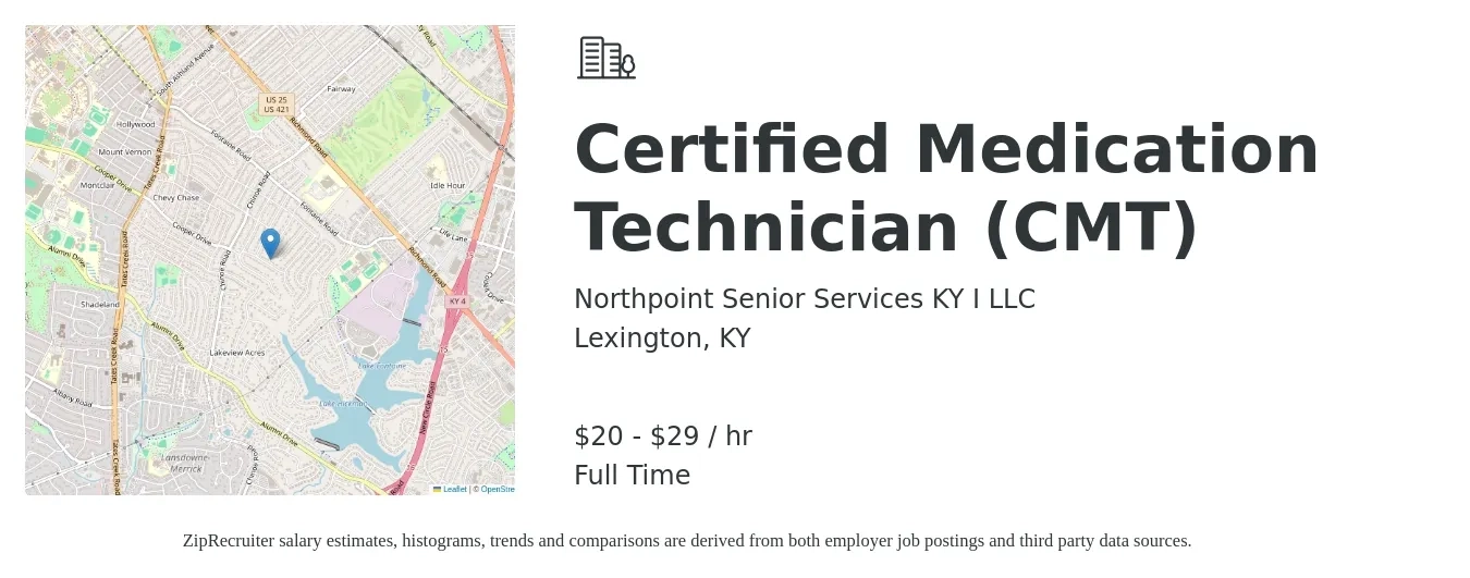 Northpoint Senior Services KY I LLC job posting for a Certified Medication Technician (CMT) in Lexington, KY with a salary of $22 to $31 Hourly with a map of Lexington location.