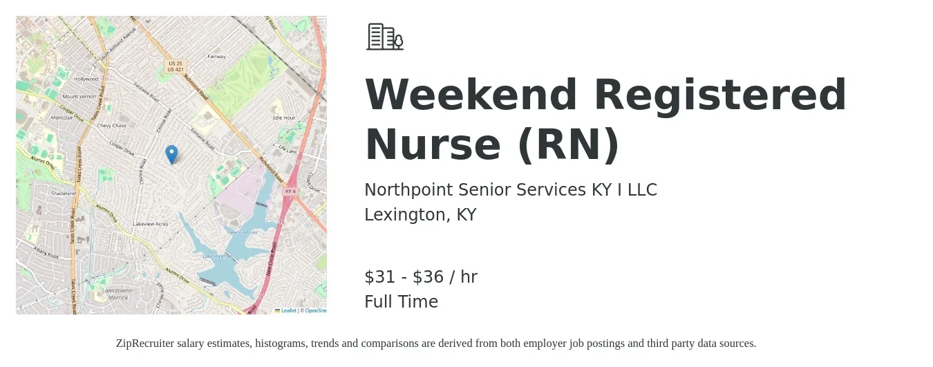 Northpoint Senior Services KY I LLC job posting for a Weekend Registered Nurse (RN) in Lexington, KY with a salary of $33 to $48 Hourly with a map of Lexington location.