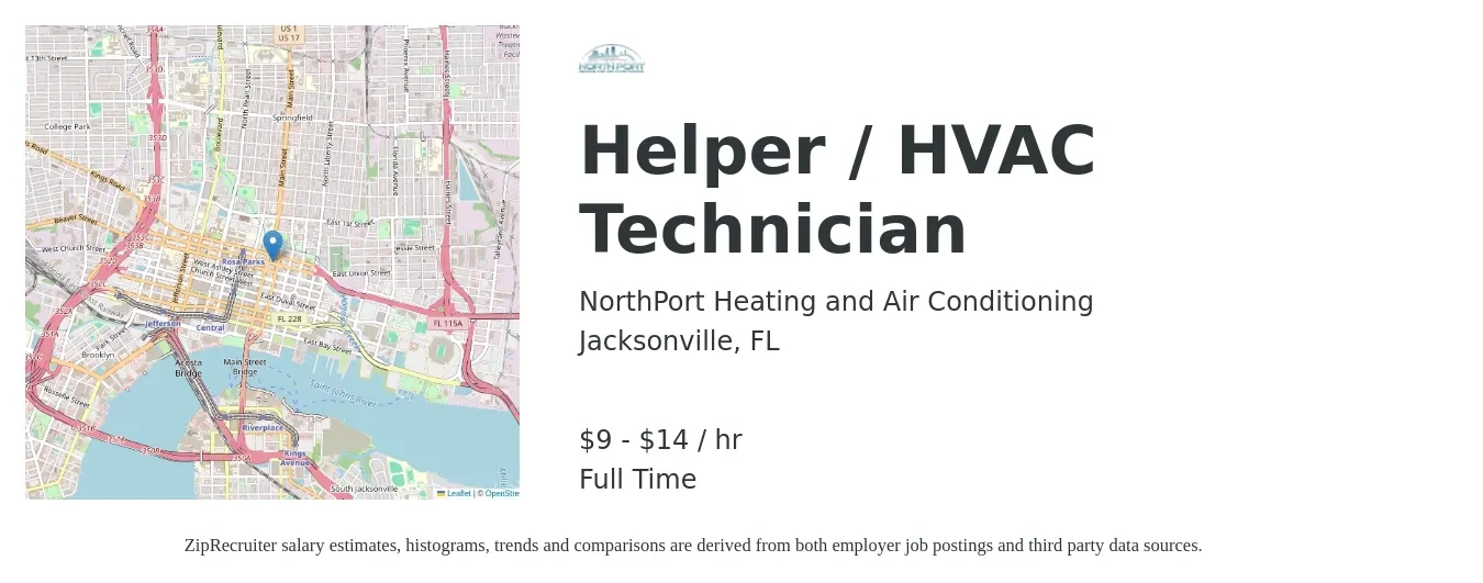 NorthPort Heating and Air Conditioning job posting for a Helper / HVAC Technician in Jacksonville, FL with a salary of $10 to $15 Hourly with a map of Jacksonville location.