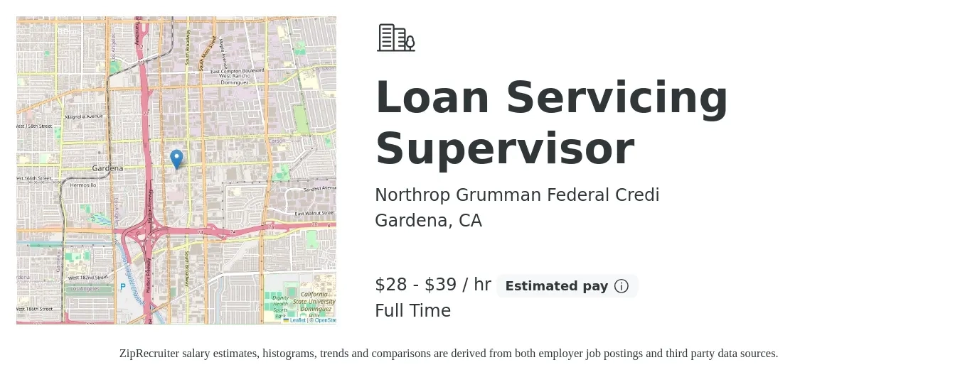 Northrop Grumman Federal Credi job posting for a Loan Servicing Supervisor in Gardena, CA with a salary of $29 to $41 Hourly with a map of Gardena location.