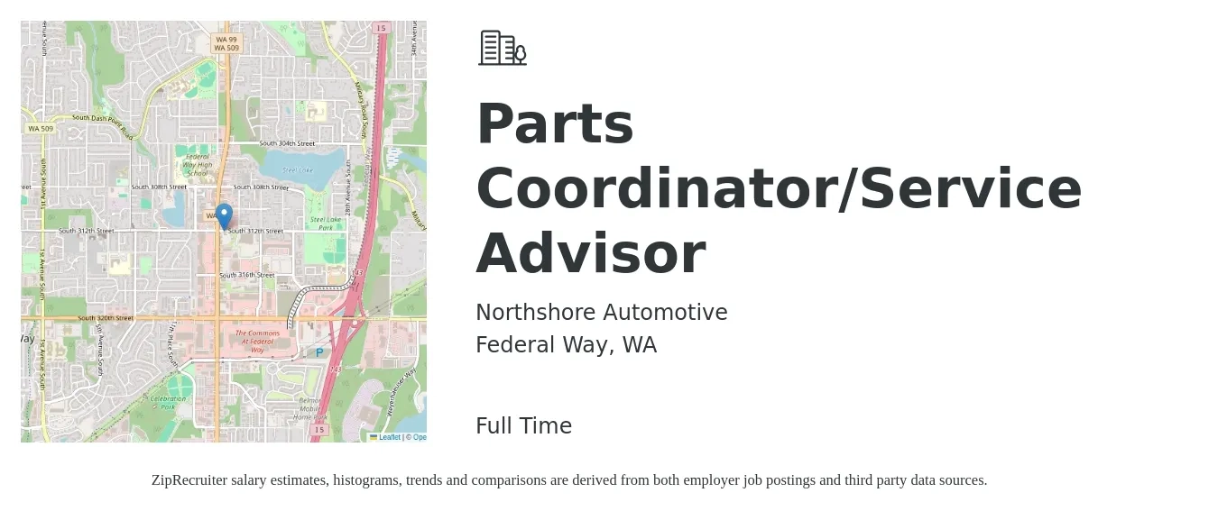 Northshore Automotive job posting for a Parts Coordinator/Service Advisor in Federal Way, WA with a salary of $22 to $35 Hourly with a map of Federal Way location.
