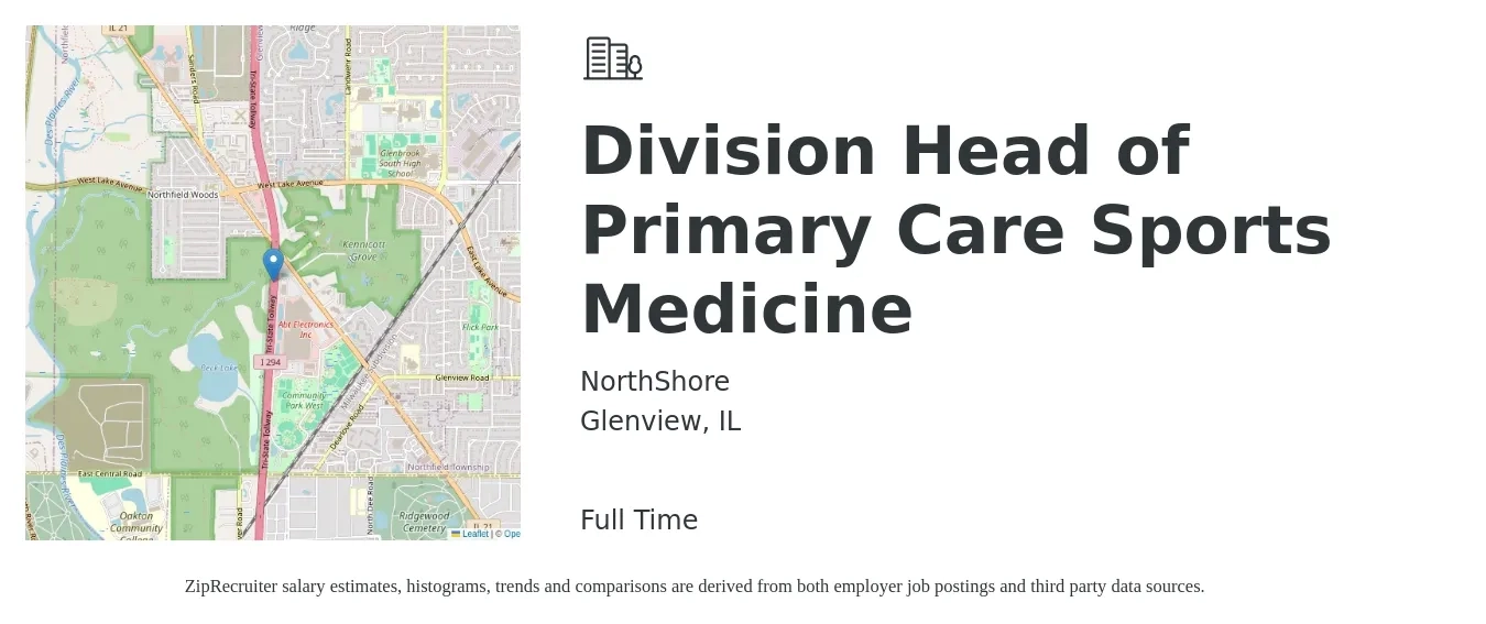NorthShore job posting for a Division Head of Primary Care Sports Medicine in Glenview, IL with a salary of $51 to $81 Hourly with a map of Glenview location.