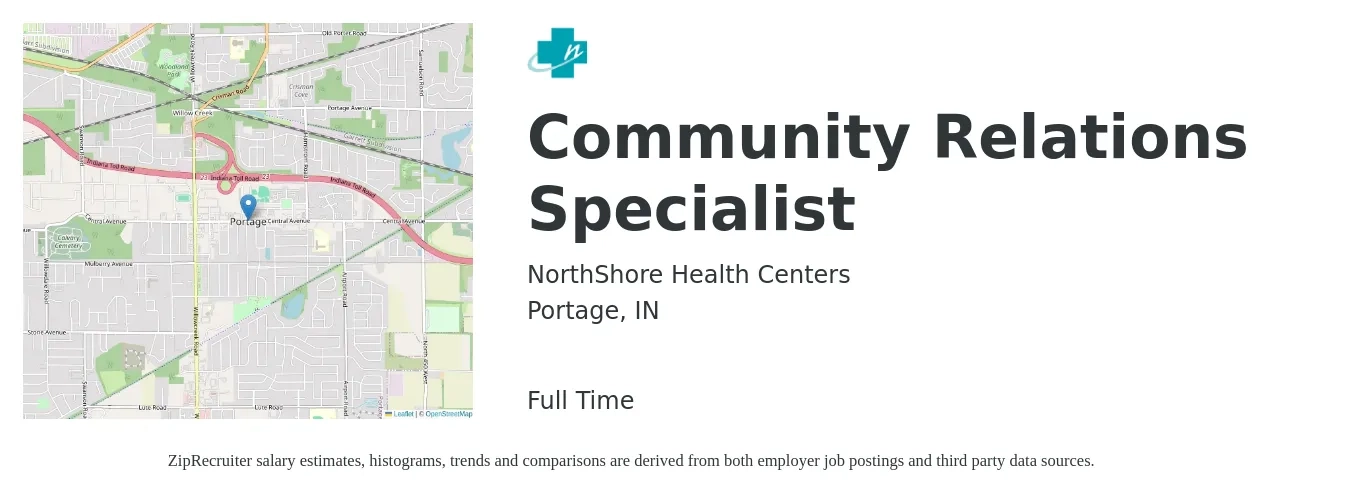 NorthShore Health Centers job posting for a Community Relations Specialist in Portage, IN with a salary of $40,400 to $76,100 Yearly with a map of Portage location.