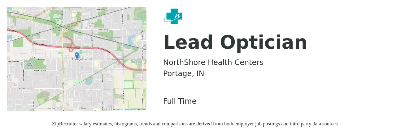 NorthShore Health Centers job posting for a Lead Optician in Portage, IN with a salary of $16 to $20 Hourly with a map of Portage location.