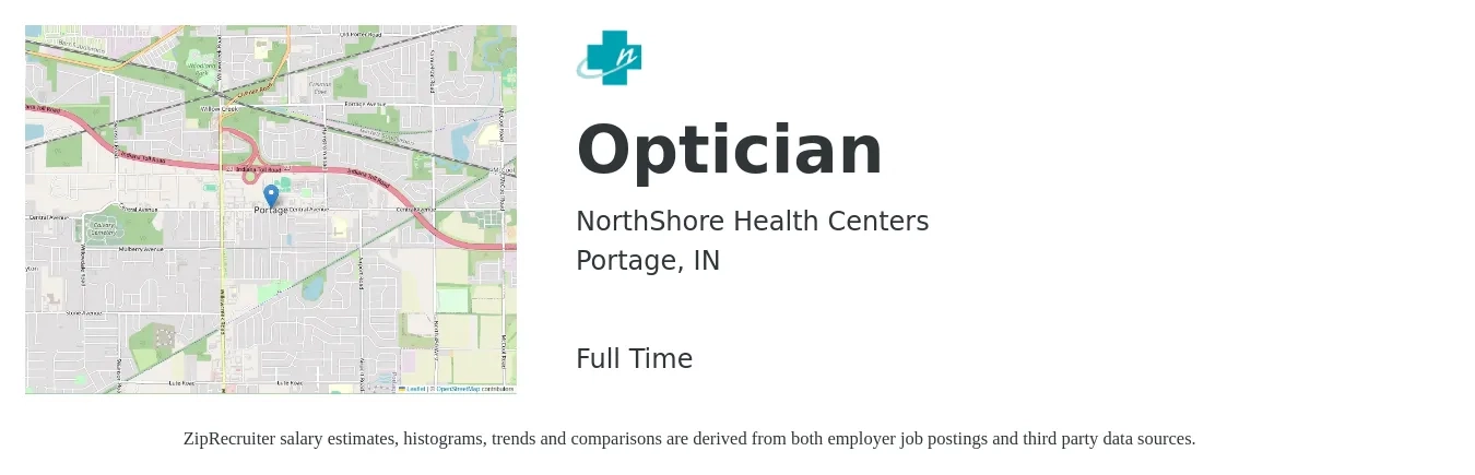 NorthShore Health Centers job posting for a Optician in Portage, IN with a salary of $16 to $20 Hourly with a map of Portage location.