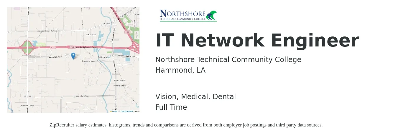 Northshore Technical Community College job posting for a IT Network Engineer in Hammond, LA with a salary of $61,000 to $87,400 Yearly and benefits including vision, dental, life_insurance, medical, pto, and retirement with a map of Hammond location.