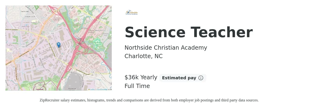 Northside Christian Academy job posting for a Science Teacher in Charlotte, NC with a salary of $36,000 Yearly with a map of Charlotte location.