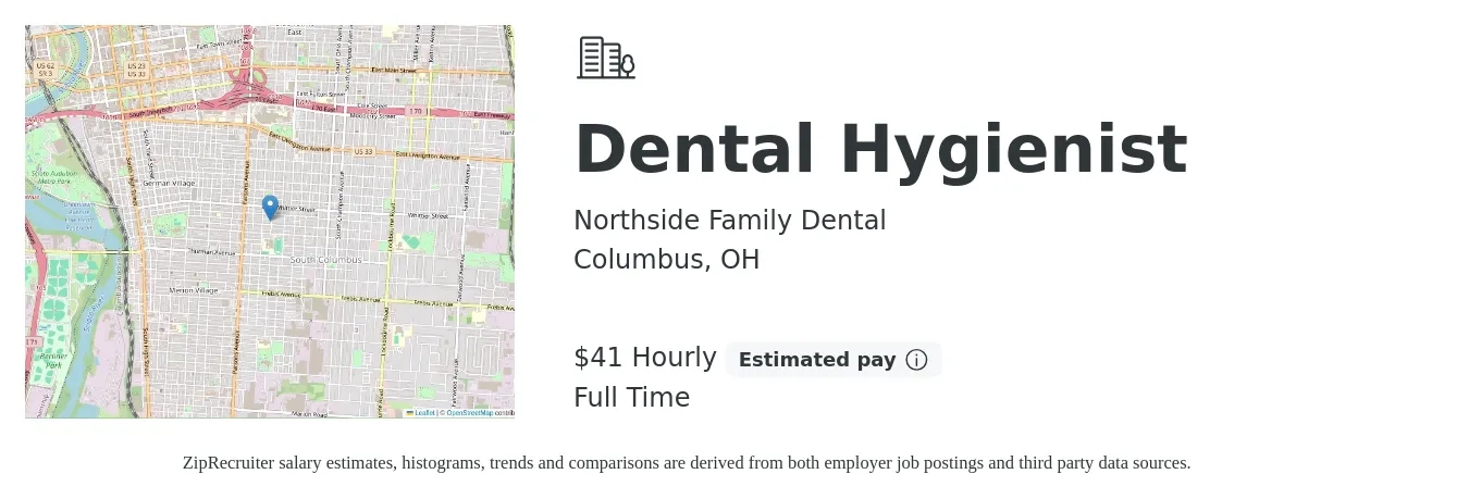 Northside Family Dental job posting for a Dental Hygienist in Columbus, OH with a salary of $43 Hourly with a map of Columbus location.
