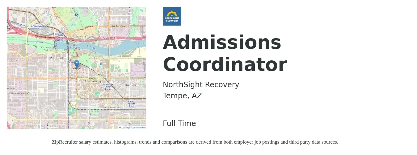 NorthSight Recovery job posting for a Admissions Coordinator in Tempe, AZ with a salary of $19 to $26 Hourly with a map of Tempe location.