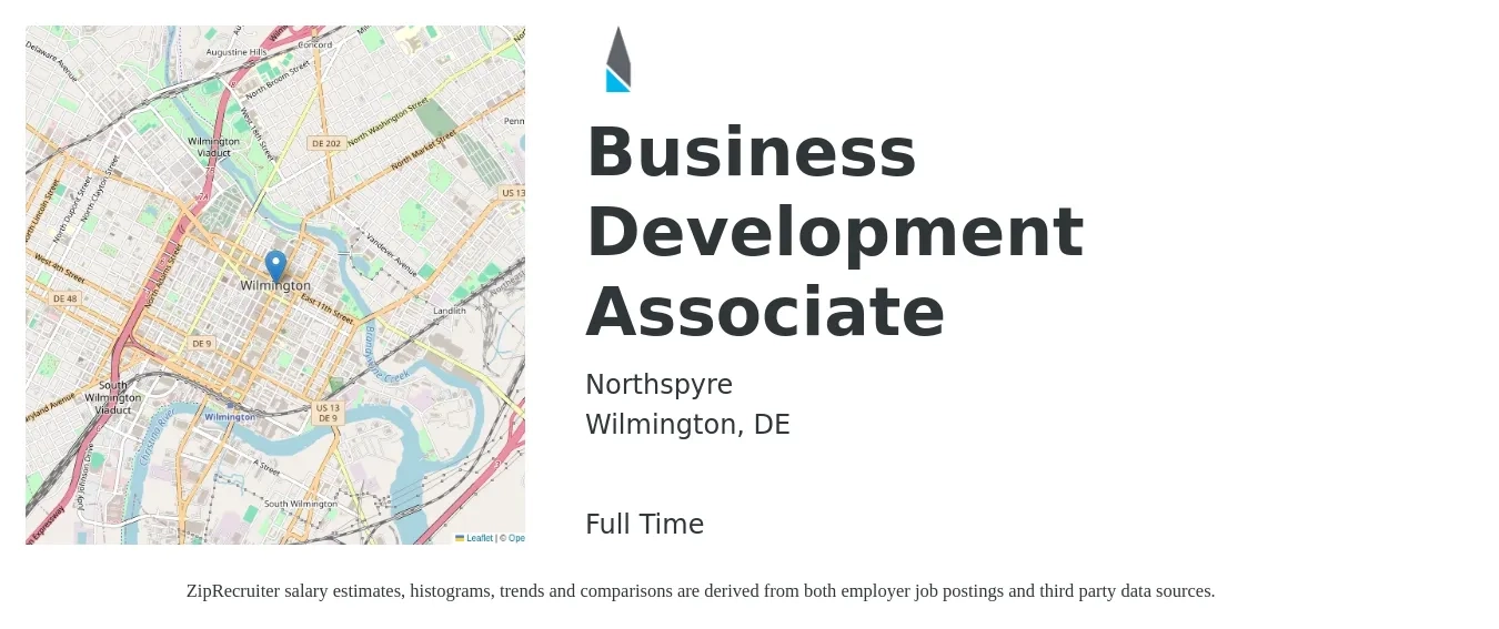 Northspyre job posting for a Business Development Associate in Wilmington, DE with a salary of $43,200 to $59,200 Yearly with a map of Wilmington location.