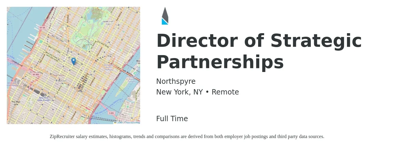 Northspyre job posting for a Director of Strategic Partnerships in New York, NY with a salary of $101,700 to $163,000 Yearly with a map of New York location.
