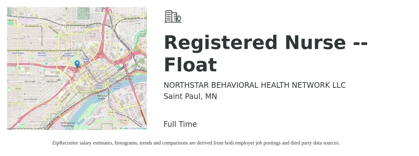 NORTHSTAR BEHAVIORAL HEALTH NETWORK LLC job posting for a Registered Nurse -- Float in Saint Paul, MN with a salary of $33 to $52 Hourly with a map of Saint Paul location.