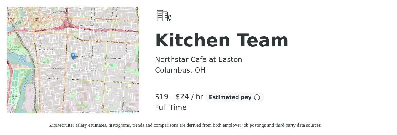 Northstar Cafe at Easton job posting for a Kitchen Team in Columbus, OH with a salary of $20 to $25 Hourly with a map of Columbus location.