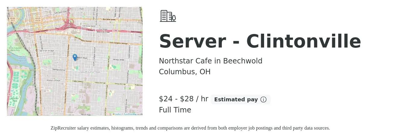 Northstar Cafe in Beechwold job posting for a Server - Clintonville in Columbus, OH with a salary of $25 to $30 Hourly with a map of Columbus location.