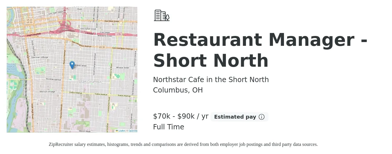 Northstar Cafe in the Short North job posting for a Restaurant Manager - Short North in Columbus, OH with a salary of $70,000 to $90,000 Yearly with a map of Columbus location.