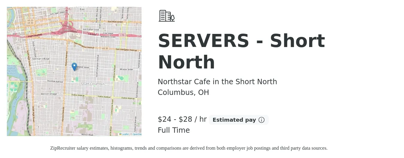 Northstar Cafe in the Short North job posting for a SERVERS - Short North in Columbus, OH with a salary of $25 to $30 Hourly with a map of Columbus location.