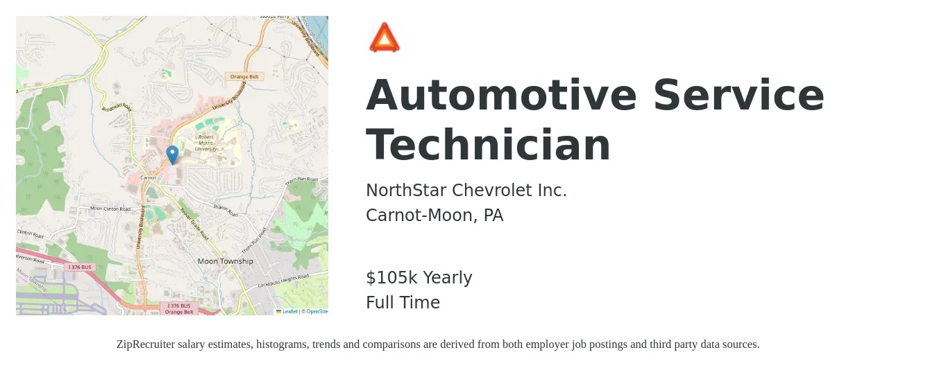 NorthStar Chevrolet Inc. job posting for a Automotive Service Technician in Carnot-Moon, PA with a salary of $105,000 Yearly with a map of Carnot-Moon location.