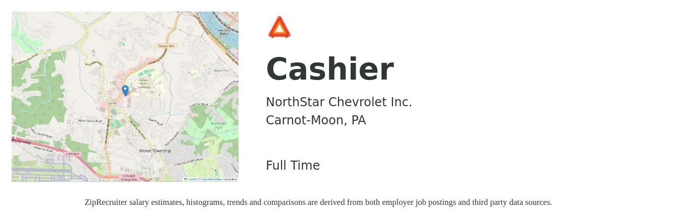 NorthStar Chevrolet Inc. job posting for a Cashier in Carnot-Moon, PA with a salary of $11 to $15 Hourly with a map of Carnot-Moon location.