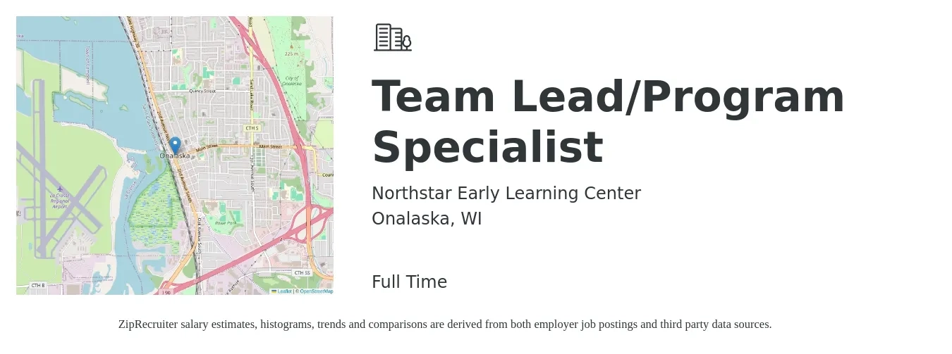 Northstar Early Learning Center job posting for a Team Lead/Program Specialist in Onalaska, WI with a salary of $14 to $18 Hourly with a map of Onalaska location.