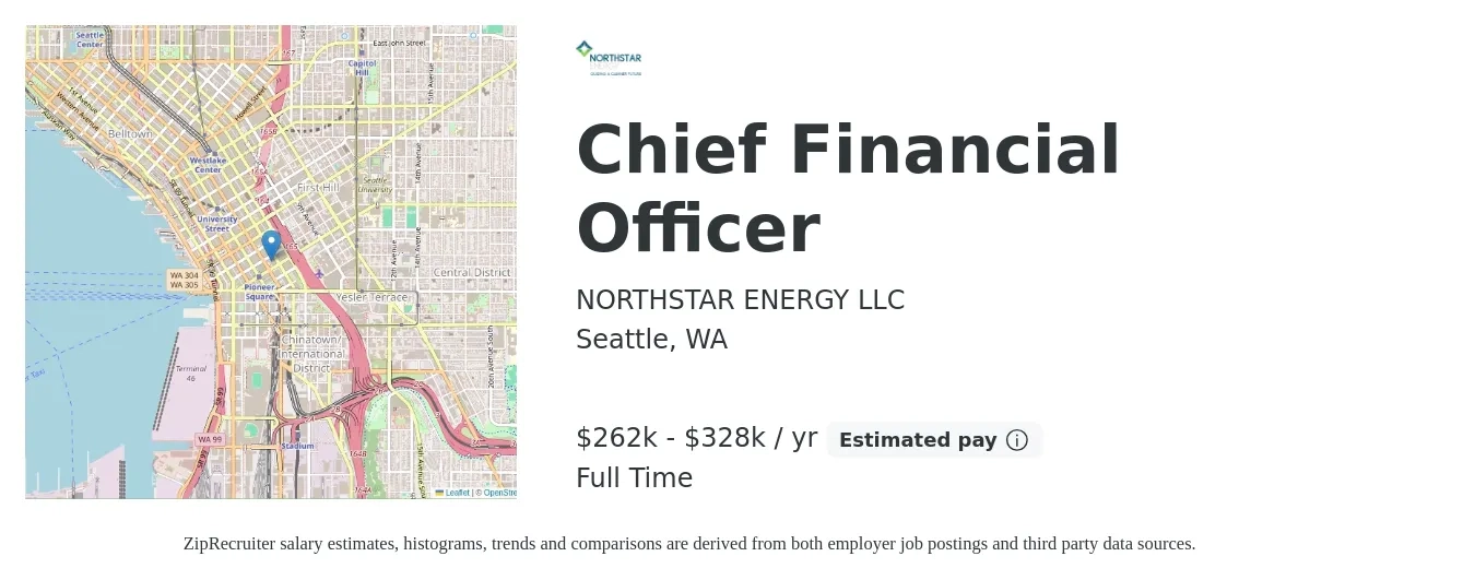 NORTHSTAR ENERGY LLC job posting for a Chief Financial Officer in Seattle, WA with a salary of $262,774 to $328,468 Yearly with a map of Seattle location.