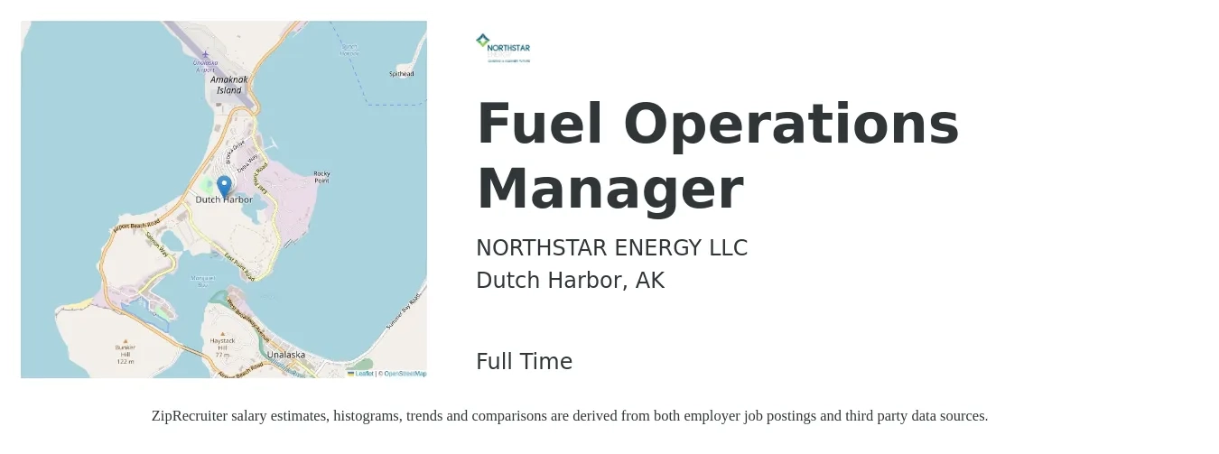 NORTHSTAR ENERGY LLC job posting for a Fuel Operations Manager in Dutch Harbor, AK with a salary of $41,000 to $77,500 Yearly with a map of Dutch Harbor location.