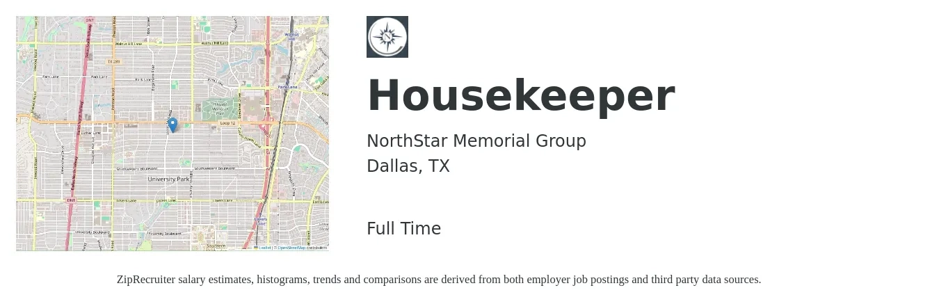 NorthStar Memorial Group job posting for a Housekeeper in Dallas, TX with a salary of $13 to $16 Hourly with a map of Dallas location.