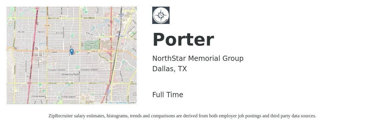 NorthStar Memorial Group job posting for a Porter in Dallas, TX with a salary of $13 to $16 Hourly with a map of Dallas location.