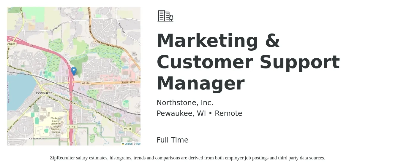 Northstone, Inc. job posting for a Marketing & Customer Support Manager in Pewaukee, WI with a salary of $58,700 to $95,900 Yearly with a map of Pewaukee location.