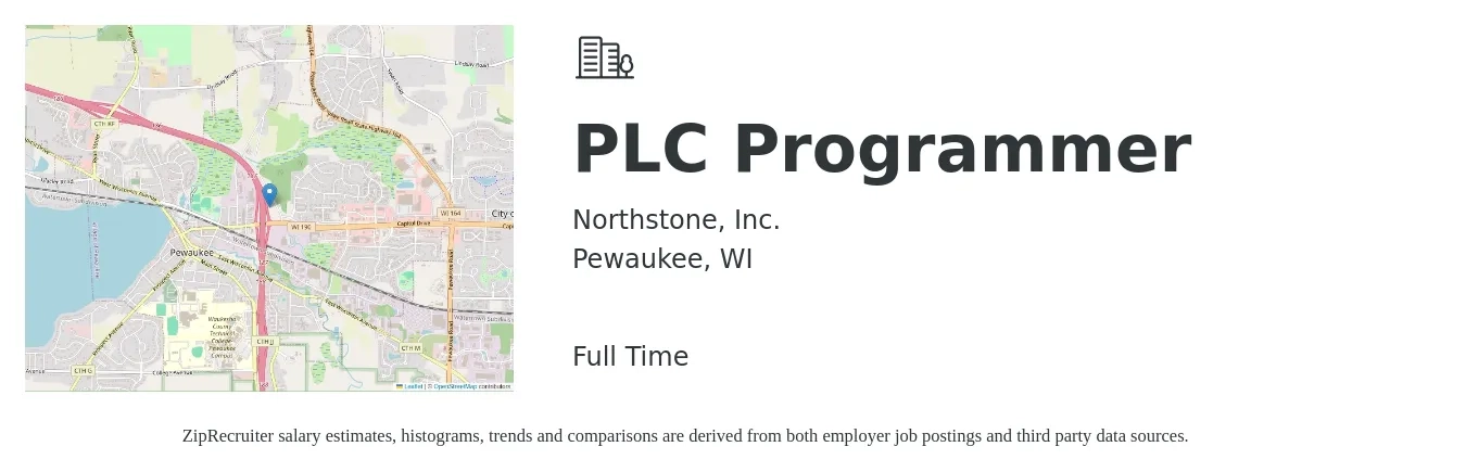 Northstone, Inc. job posting for a PLC Programmer in Pewaukee, WI with a salary of $66,500 to $90,500 Yearly with a map of Pewaukee location.