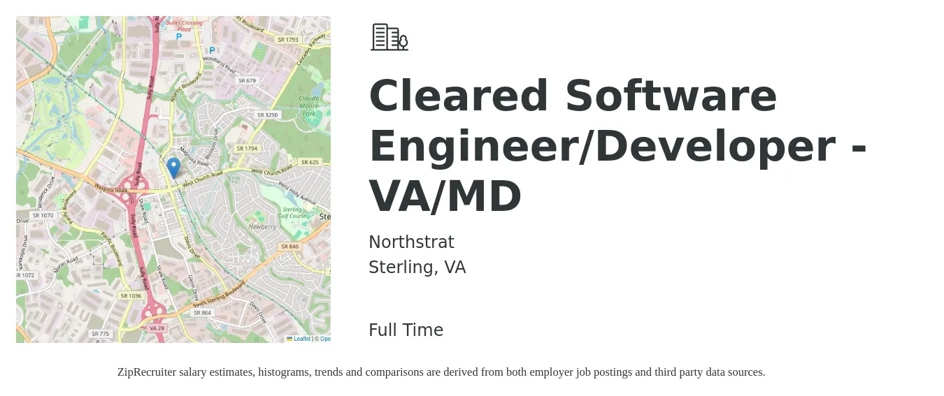Northstrat job posting for a Cleared Software Engineer/Developer - VA/MD in Sterling, VA with a salary of $90,900 to $131,300 Yearly with a map of Sterling location.