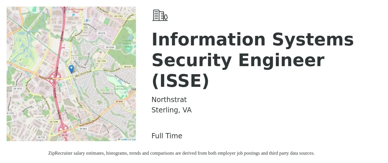 Northstrat job posting for a Information Systems Security Engineer (ISSE) in Sterling, VA with a salary of $104,000 to $143,600 Yearly with a map of Sterling location.