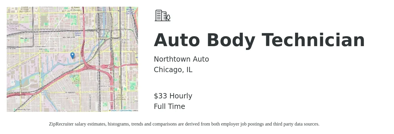 Northtown Auto job posting for a Auto Body Technician in Chicago, IL with a salary of $35 Hourly with a map of Chicago location.