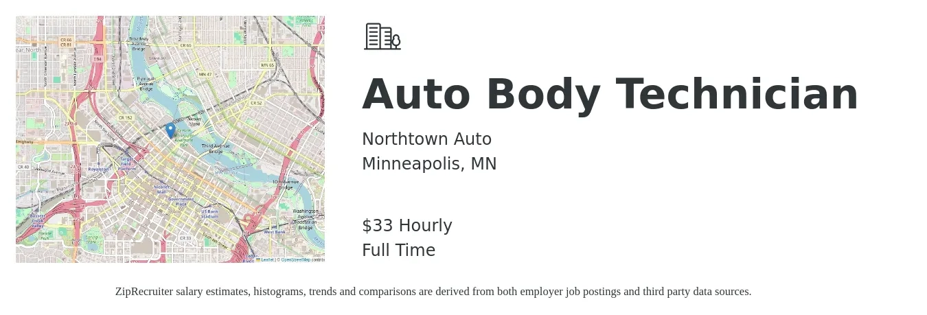 Northtown Auto job posting for a Auto Body Technician in Minneapolis, MN with a salary of $35 Hourly with a map of Minneapolis location.