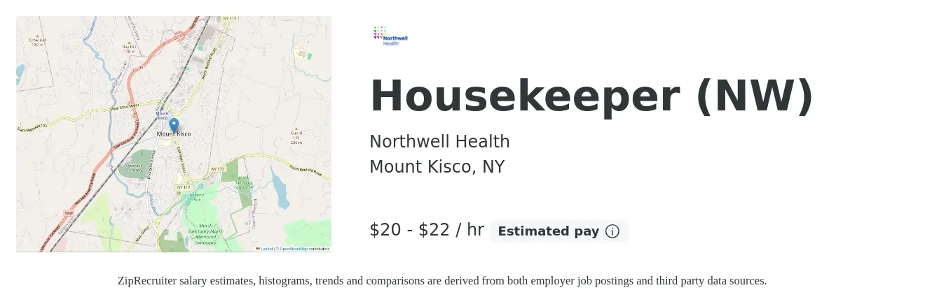 Northwell Health job posting for a Housekeeper (NW) in Mount Kisco, NY with a salary of $22 to $23 Hourly with a map of Mount Kisco location.