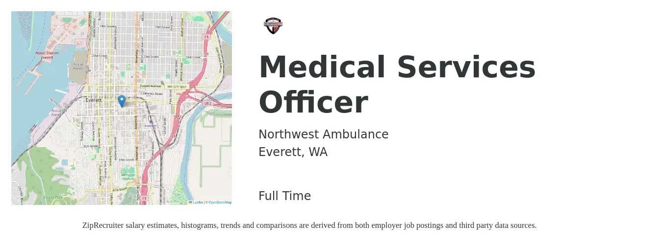 Northwest Ambulance job posting for a Medical Services Officer in Everett, WA with a salary of $93,300 Yearly with a map of Everett location.