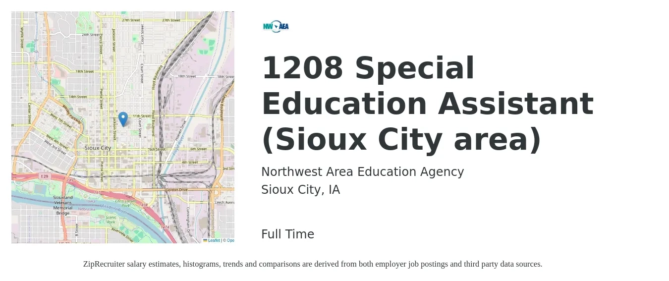Northwest Area Education Agency job posting for a 1208 Special Education Assistant (Sioux City area) in Sioux City, IA with a salary of $15 to $20 Hourly with a map of Sioux City location.
