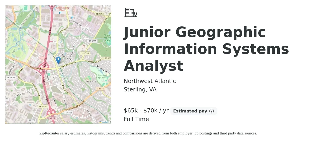 Northwest Atlantic job posting for a Junior Geographic Information Systems Analyst in Sterling, VA with a salary of $65,000 to $70,000 Yearly with a map of Sterling location.
