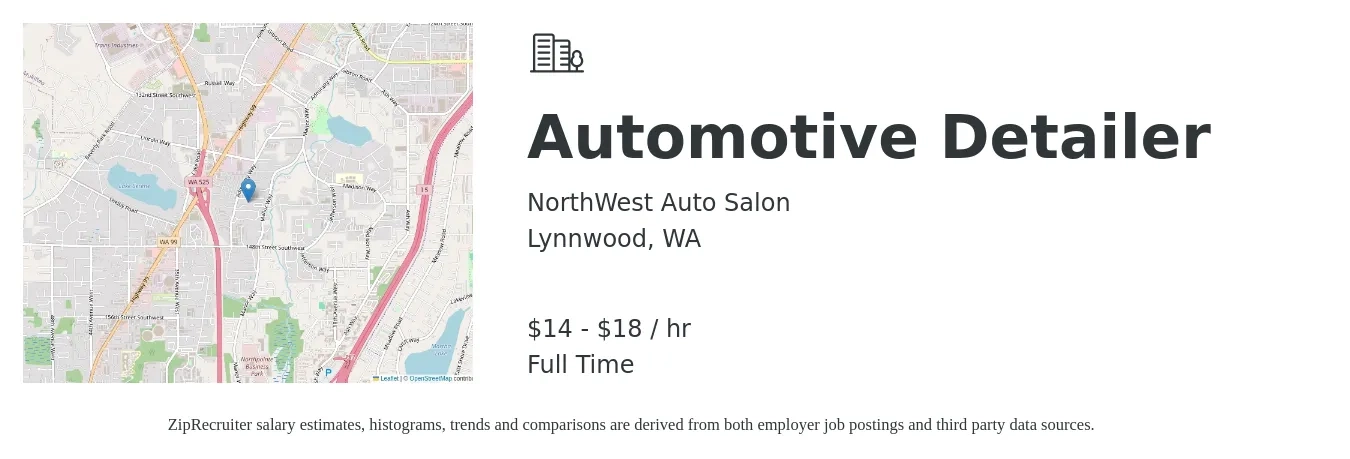 NorthWest Auto Salon job posting for a Automotive Detailer in Lynnwood, WA with a salary of $15 to $19 Hourly and benefits including pto, vision, dental, and medical with a map of Lynnwood location.