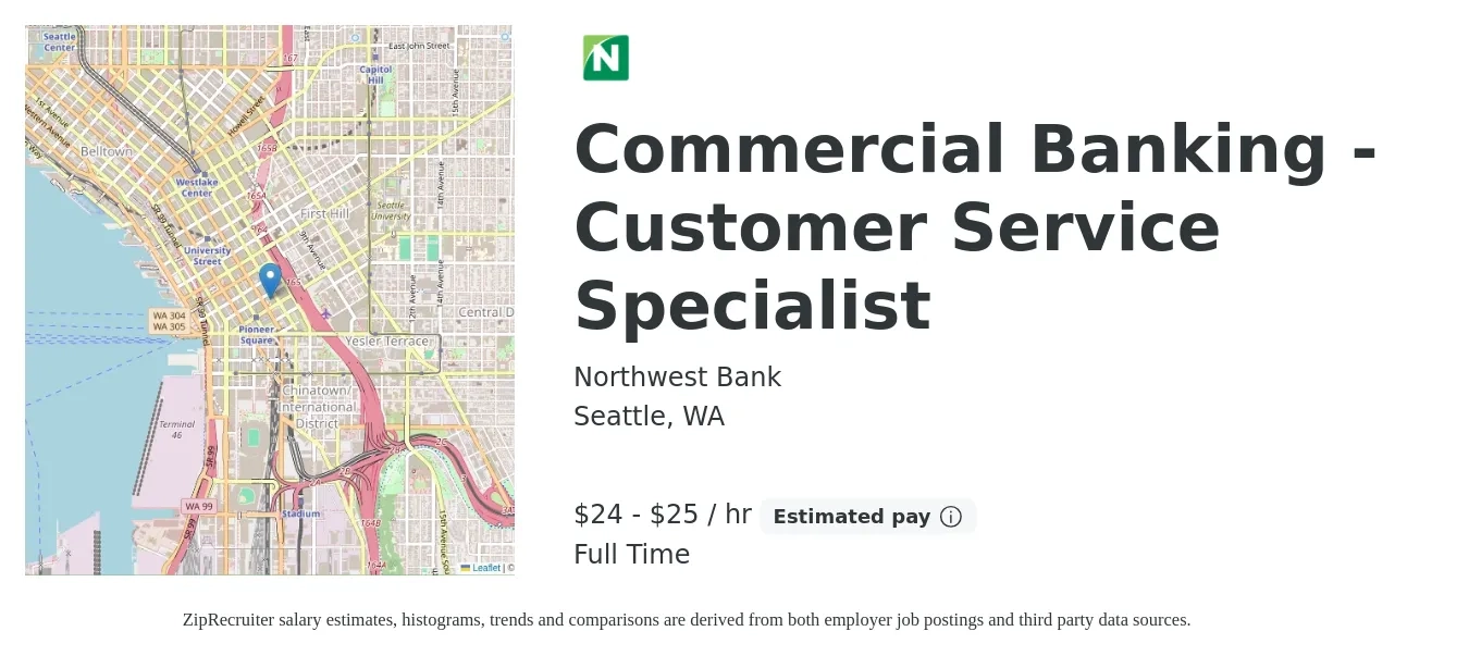 Northwest Bank job posting for a Commercial Banking - Customer Service Specialist in Seattle, WA with a salary of $25 to $27 Hourly with a map of Seattle location.