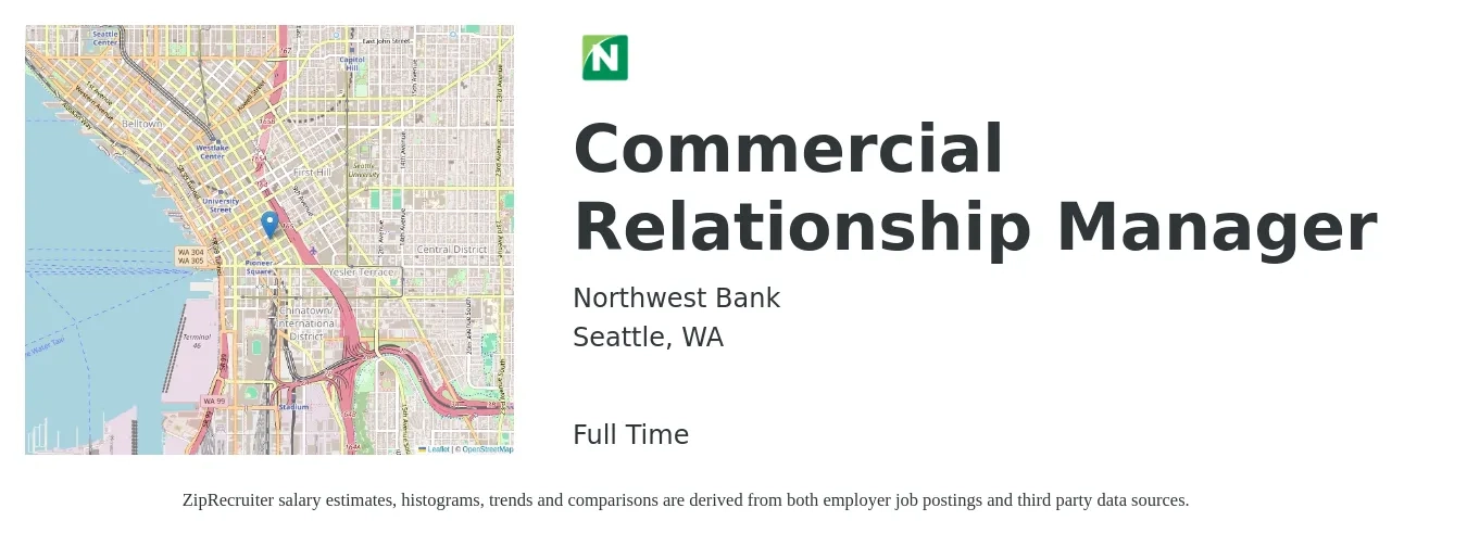 Northwest Bank job posting for a Commercial Relationship Manager in Seattle, WA with a salary of $160,000 Yearly with a map of Seattle location.